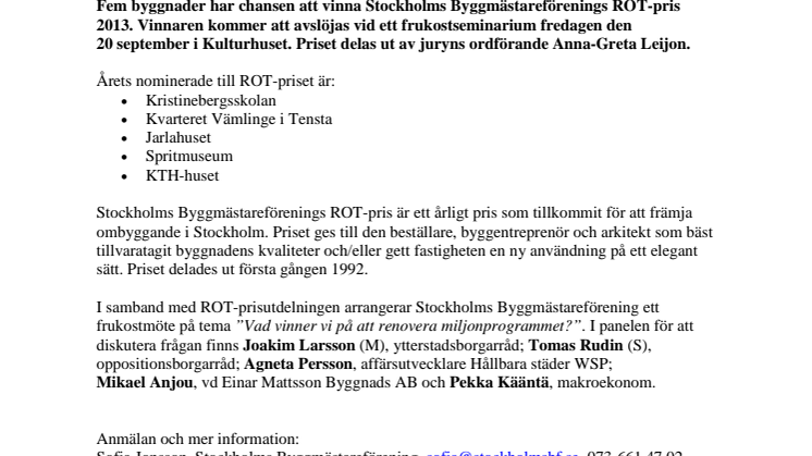 Pressinbjudan: Vem vinner Stockholms Byggmästareförenings ROT-pris 2013?