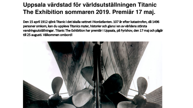 Uppsala värdstad för världsutställningen Titanic The Exhibition sommaren 2019. Premiär 17 maj.