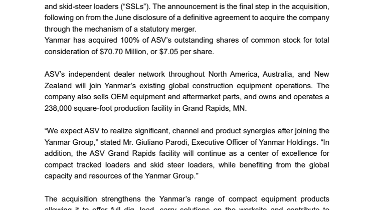 Yanmar Completes Acquisition of North American Loader Manufacturer ASV Holdings