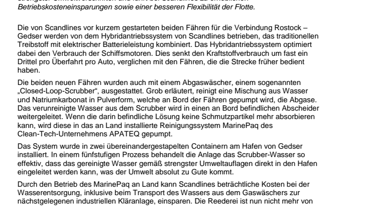 Scandlines nimmt APATEQ´s innovatives System zur Reinigung von Scrubber-Wasser in Gedser (Dänemark) in Gebrauch