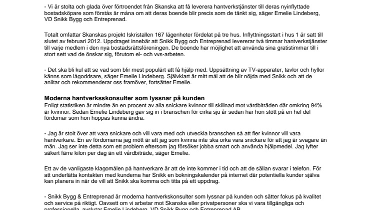 Skanska Nya Hem anlitar Snikk Bygg och Entreprenad till nyinflyttade bostadskunder