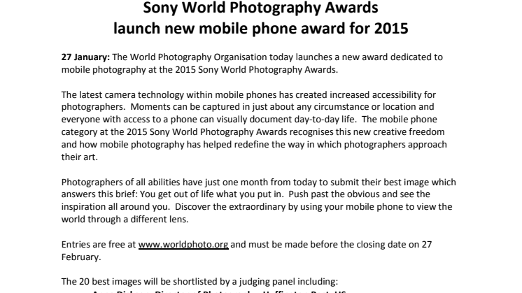 Sony World Photography Awards  launch new mobile phone award for 2015