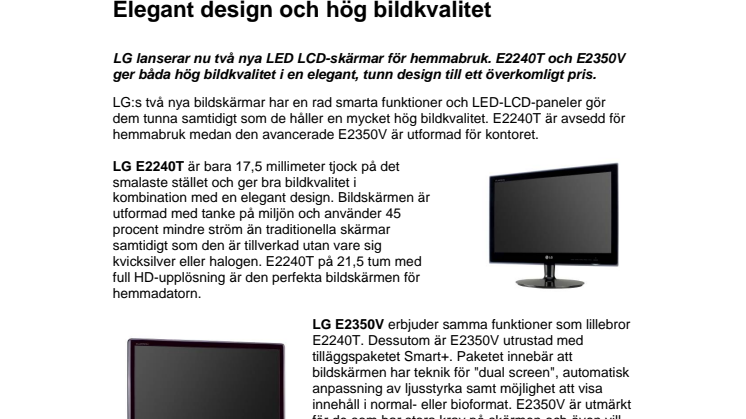 Pressmeddelande: Elegant design och hög bildkvalitet i E2240T och E2350V