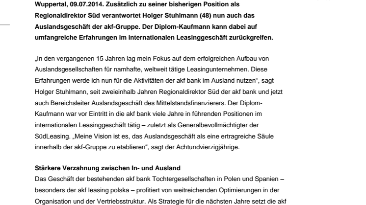 Holger Stuhlmann jetzt auch für das Auslandsgeschäft der akf-Gruppe zuständig