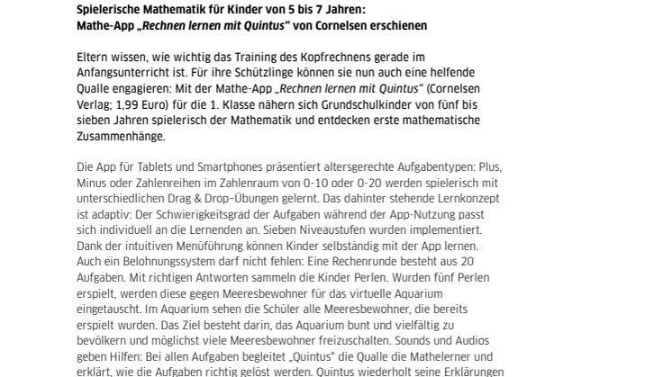 Mathe-App „Rechnen lernen mit Quintus“ für Kinder von 5 bis 7 Jahren bei Cornelsen erschienen