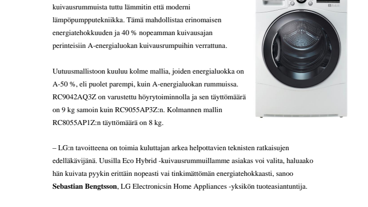 IFA 2012: LG:n uusi Eco Hybrid -kuivausrumpu kuivaa 40 prosenttia nopeammin