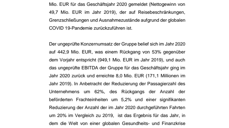 Tallink Grupp weist für das Pandemiejahr 2020 einen Nettoverlust von 108,3 Mio. EUR aus 