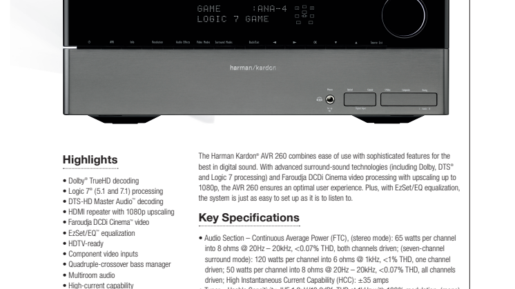 Harman kardon AVR 260 specifikation