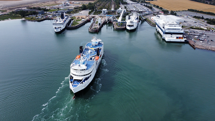 Port of Puttgarden with incoming Scandlines hybrid ferry Schleswig-Holstein