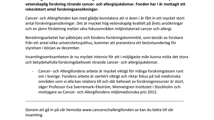Fortsatt stort behov av miljörelaterad cancer- och allergiforskning: Rekordmånga forskningsansökningar till Cancer- och Allergifonden