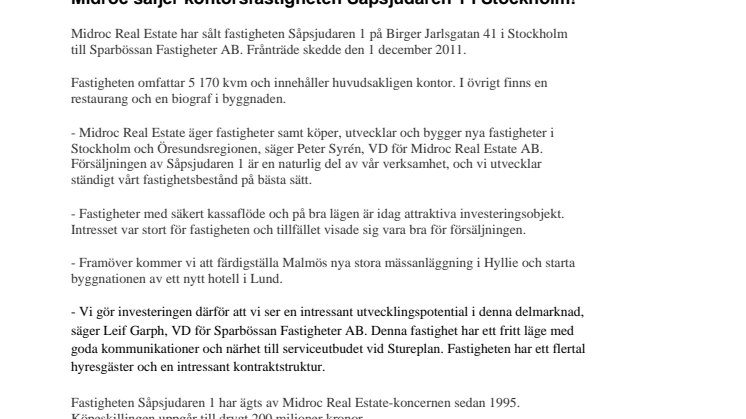 Midroc säljer kontorsfastigheten Såpsjudaren 1 i Stockholm!
