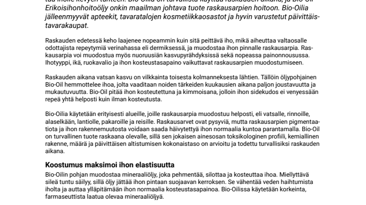 Bio-Oil hellii ihoa raskausaikana ja minimoi raskausarpien näkymisen