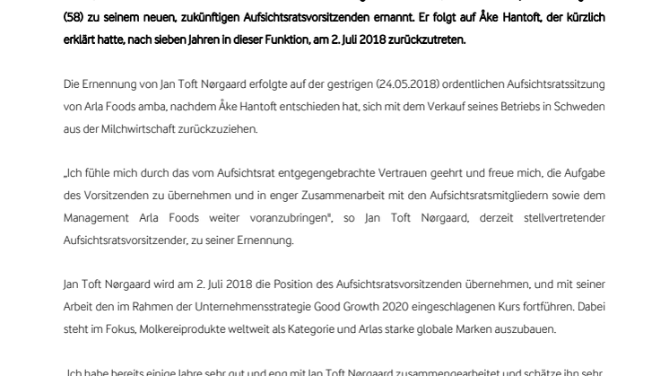 Jan Toft Nørgaard wird neuer Aufsichtsratsvorsitzender von Arla Foods