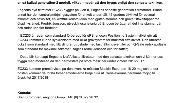Engcon lanserar ny tiltrotator för grävmaskiner upp till 33 ton – ”Engcons kraftfullaste tiltrotator hittills”