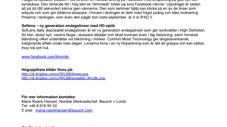 Bausch + Lomb bjuder på gratis kontaktlinser under en månad