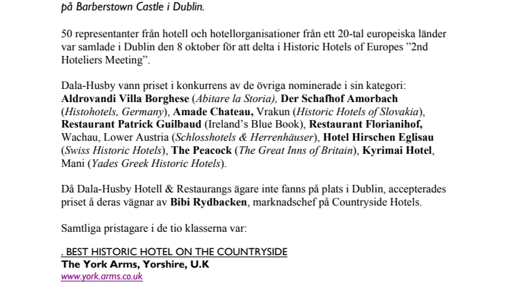 Dala-Husby Hotell & Restaurang prisades i Dublin