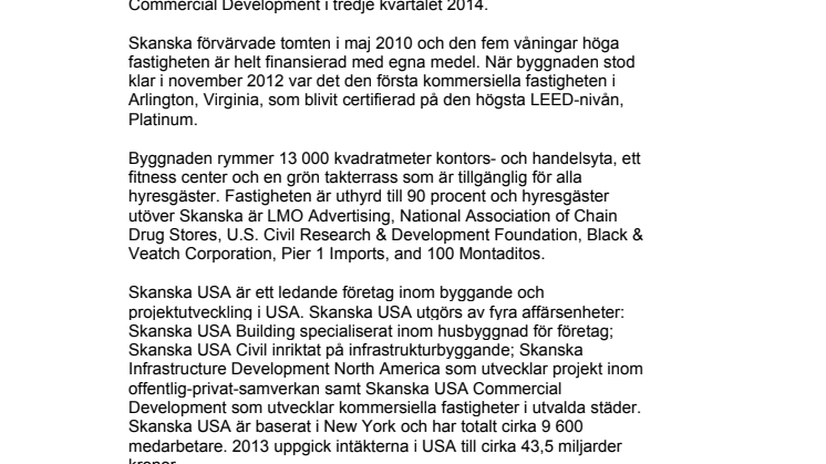 Skanska säljer kontorsfastighet i Virginia, USA, för cirka 585 miljoner kronor