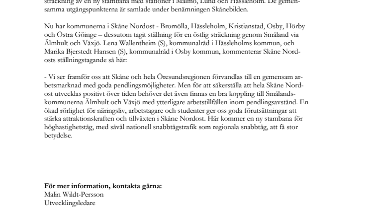 Skåne Nordost förordar en sträckning av höghastighetsbanan via Växjö