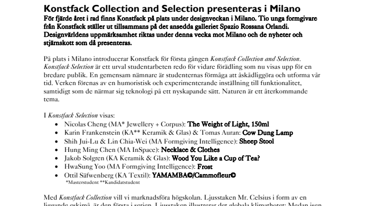 Konstfack Collection and Selection presenteras i Milano