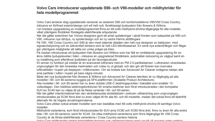 Volvo Cars introducerar uppdaterade S90- och V90-modeller och mildhybrider för hela modellprogrammet