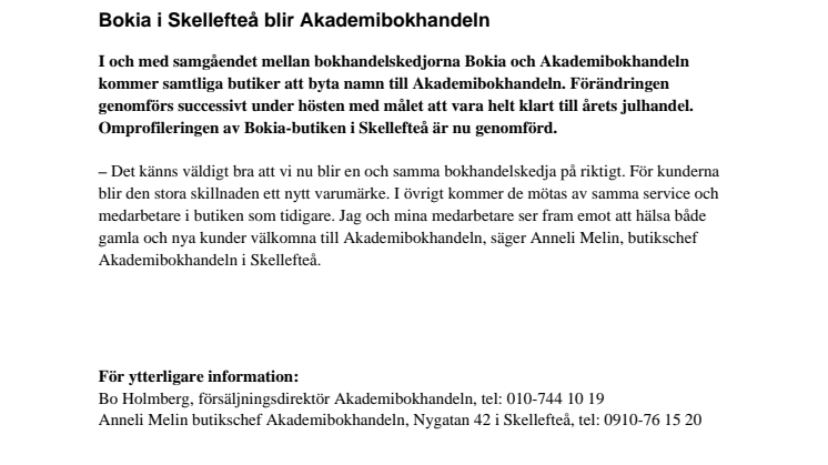 Bokia i Skellefteå blir Akademibokhandeln 