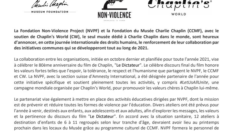 La Fondation Non-Violence Project et la Fondation du Musée Charlie Chaplin avec le soutien de Chaplin’s World annoncent leur collaboration pour toute l’année 2021