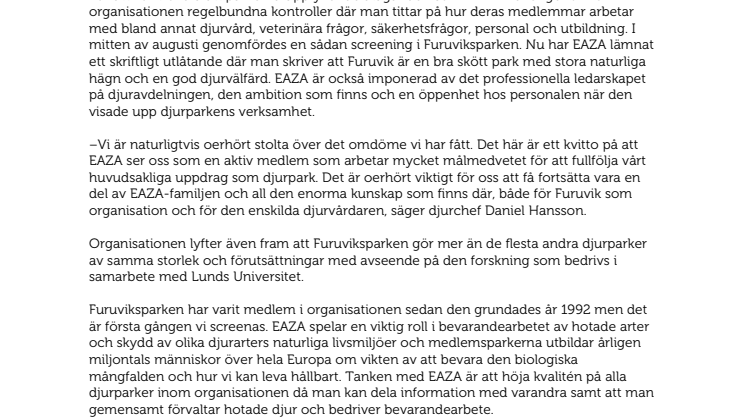 EAZA ger Furuviksparken beröm