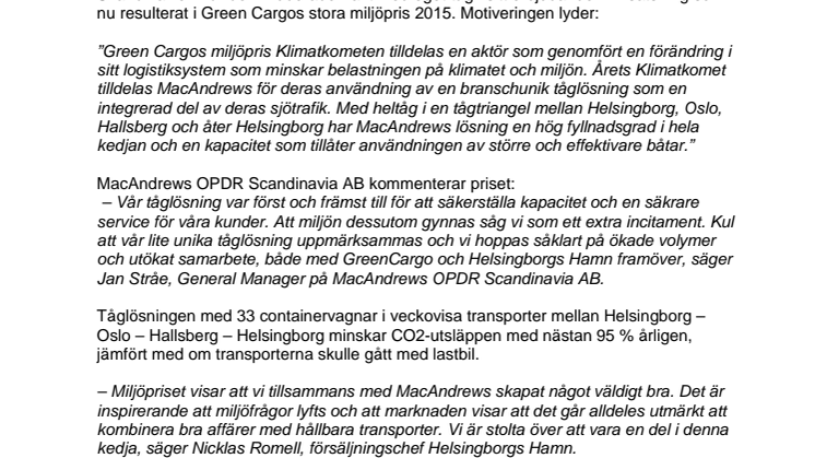​Miljöpris till Helsingborgs Hamns kund MacAndrews, för gröna transporter