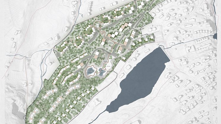 Illustrasjon: LINK Arkitektur. Åsen Vest - boligutvikling i Mjøndalen der tilpasning til området, bevaring av naturkvaliteter og tilknytning til lokalt friluftsliv står sentralt