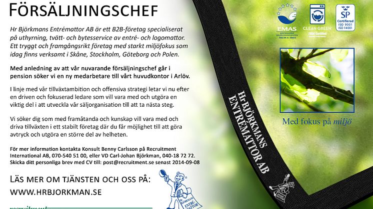 Hr Björkmans söker ny försäljningschef