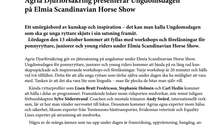 Agria Djurförsäkring presenterar Ungdomsdagen på Elmia Scandinavian Horse Show