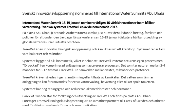 Svenskt innovativ avloppsrening nominerad till International Water Summit i Abu Dhabi