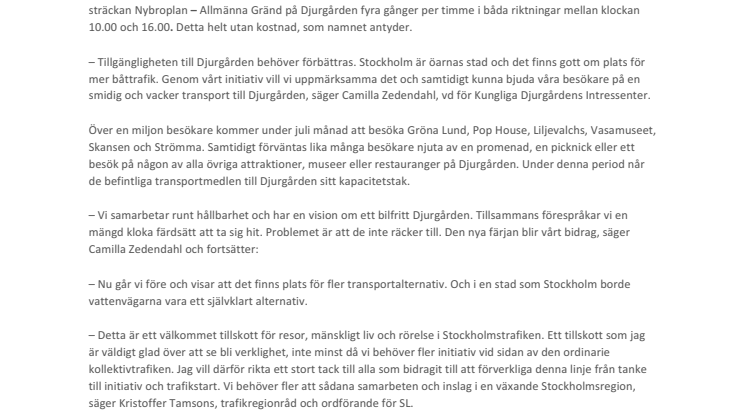 Ny gratisfärja till Djurgården – Djurgårdsaktörer bjuder på resan 