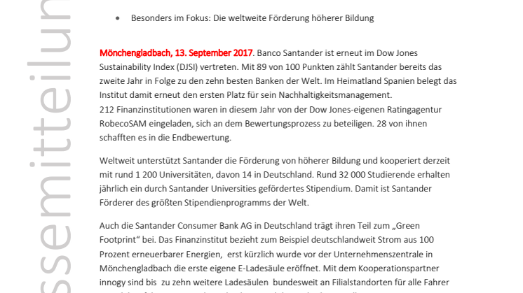 Dow Jones Sustainability Index: Banco Santander erneut unter den Top-Ten Banken weltweit