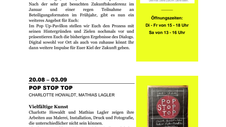 Programm im Pop Up Pavillon bis Ende Dezember 2020