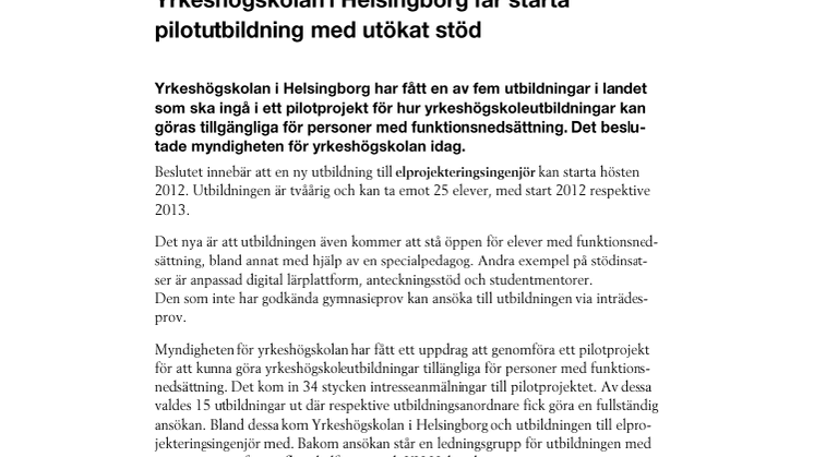 Yrkeshögskolan i Helsingborg får starta pilotutbildning med utökat stöd