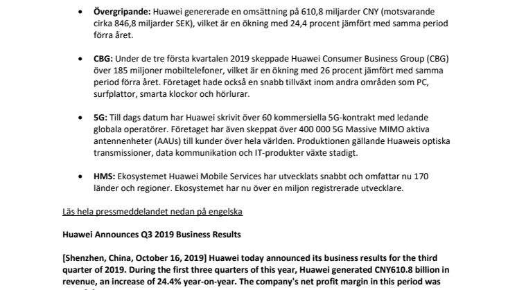 Huawei presenterar sitt resultat för tredje kvartalet 2019