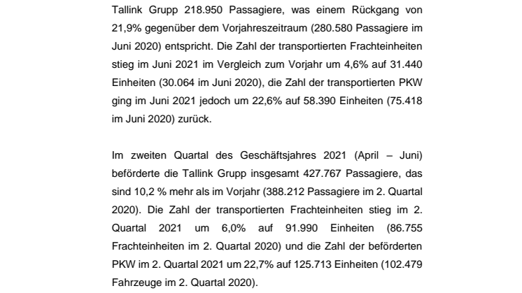 Tallink Grupp veröffentlicht Passagier- und Frachtstatistiken für Juni und das zweite Quartal 2021 
