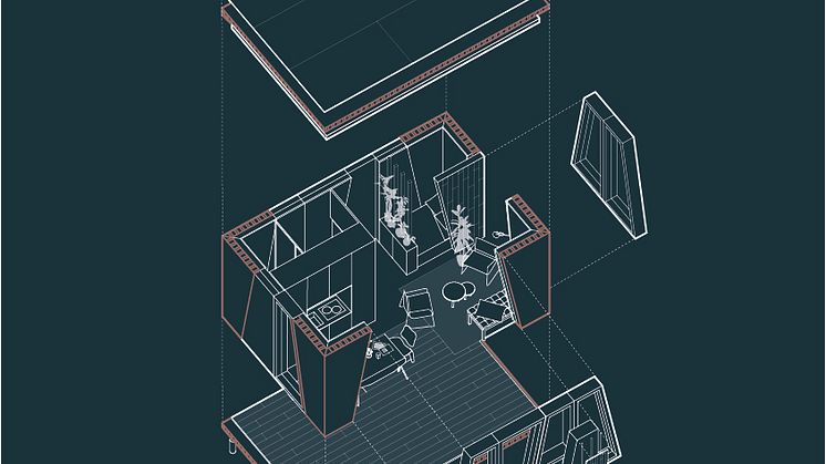 Ritning över modulen i förslaget 'Collective Geometries' använd i enbostadshus.