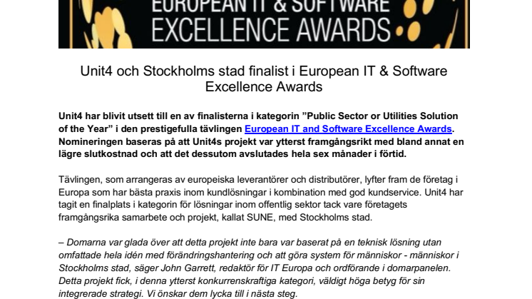 SUNE vann – Unit4 och Stockholms stad prisade i European IT & Software Excellence Awards