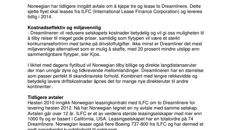 Norwegian inngår ny Dreamliner avtale og sikrer seks fly