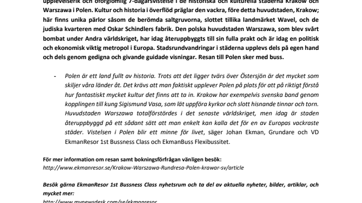 En resa genom kulturhistorien – EkmanResor 1st Bussness Class arrangerar höstens stora resa till Krakow och Warszawa