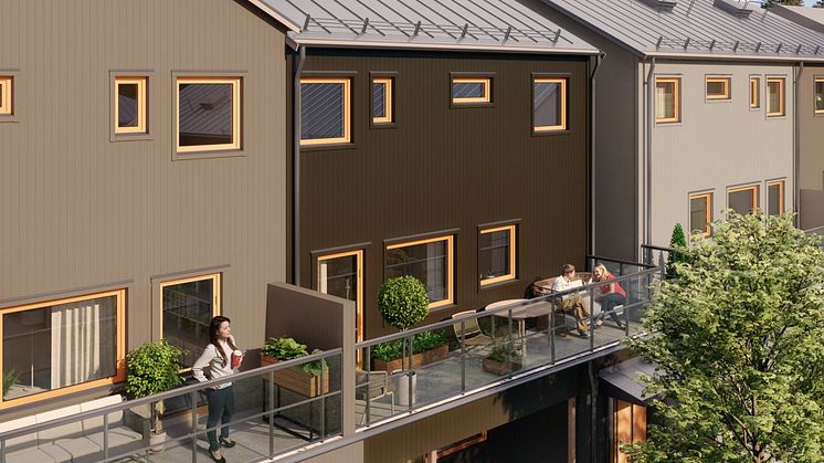 Brf Elins Trädgårdar - 3D-bild av balkonger i flerbostadshus. 