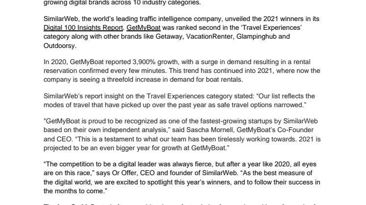 GetMyBoat Recognized as One of Top 100 Digital Brands in SimilarWeb’s Annual List