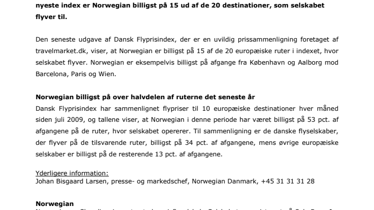 Dansk Flyprisindex: Norwegian billigst fra Danmark til Europa