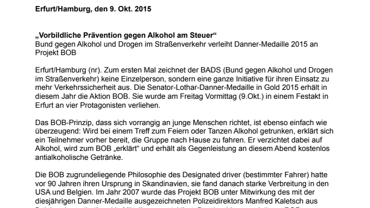 „Vorbildliche Prävention gegen Alkohol am Steuer“ 