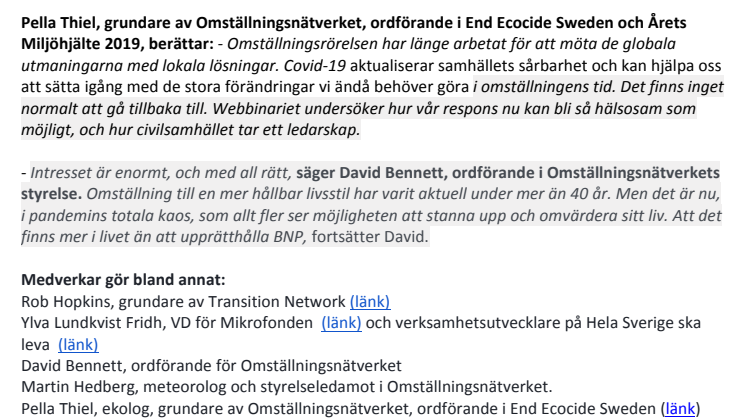 Internationellt upprop: ”Efter krisen: Ställ om istället för tillbaka!” ONLINE webbinar torsdag kl 10.00-13.00