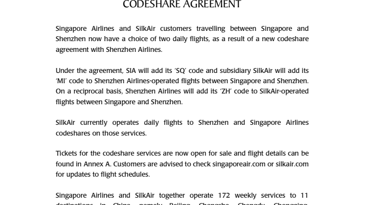 Joint Media Release: SIA, SilkAir and Shenzhen Airlines Sign Codeshare Agreement 
