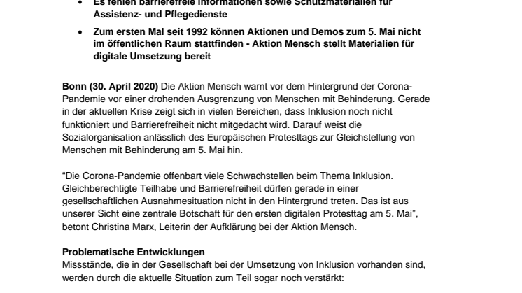 5. Mai: Aktion Mensch warnt vor Ausgrenzung von Menschen mit Behinderung in der Corona-Krise