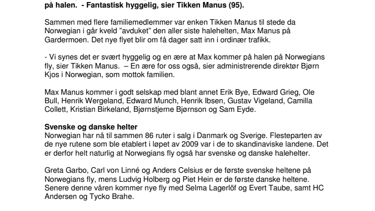 Nye norske, svenske og danske halehelter: Max Manus halehelt på Norwegians nyeste fly